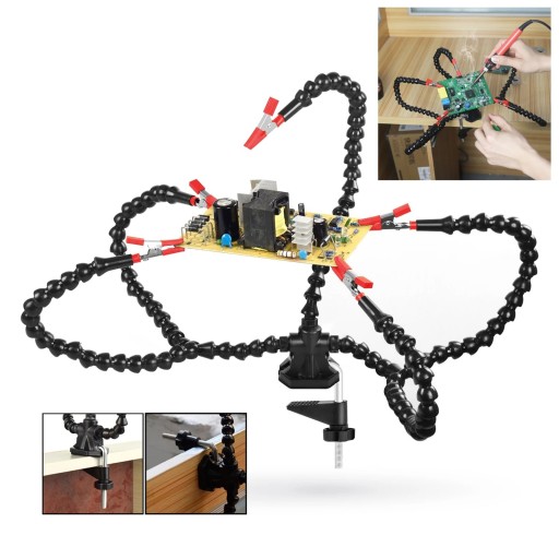 Houder met krokodillenklemmen en 5 flexibele armen voor solderen en PCB-reparatie Verstelbare tafelmontage Draaikoppeling Bereik 5-50 mm