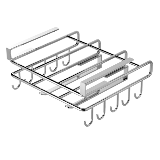 Houder voor snijplanken en keukenhulpmiddelen met haken onder de kast 26,8 × 25,8 × 13,3 cm van roestvrij staal 304 zilver
