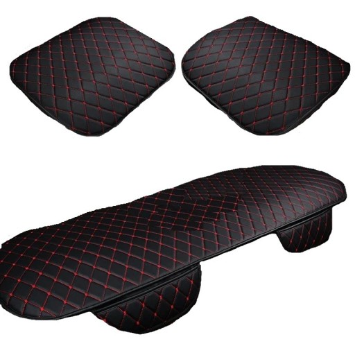 Housse de siège auto en cuir Ensemble complet de housses de sièges de voiture avec surpiqûres rouges Coussins de siège en cuir 3 pcs