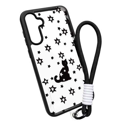 Housse transparente avec cordon pour poignet Samsung Galaxy A07 Résistant Motif chat noir et étoiles Bords noirs Protection de l'appareil photo Étui