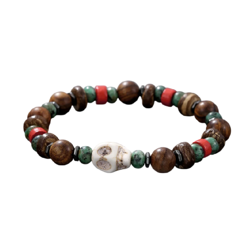 Houten kralenarmband voor heren met schedel gecombineerde kralen verstelbare diameter 17 cm natuurlijk bruin voor dagelijks gebruik