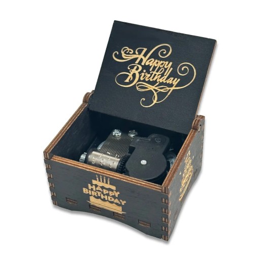 Houten muziekdoos Happy Birthday handmatig opwindbaar 6,4 × 5,2 × 4,2 cm multiplex zwart gravure cadeau voor verjaardag