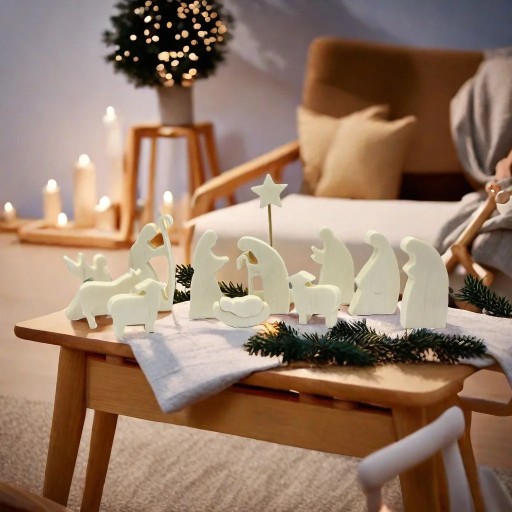 Houten set van 11 figuren voor de kerststal Natuurlijke houten figuren voor kerstdecoratie Set van kerststalfiguren van natuurlijk materiaal