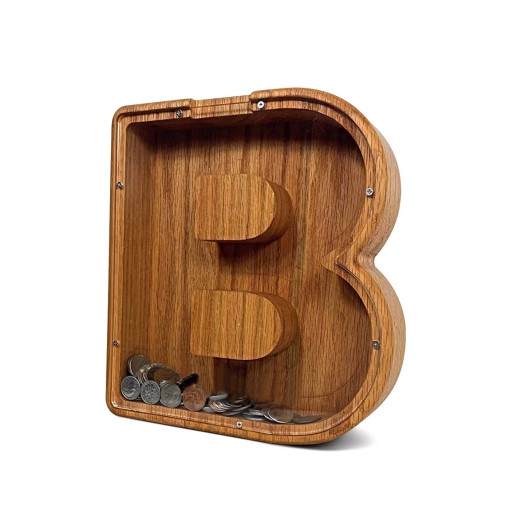 Houten spaarpot 18 x 15,3 cm Transparante opbergdoos voor munten Vorm van de letter B Decoratieve spaarbox