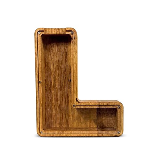 Houten spaarpot letter L 18 cm hoogte 2,8 cm breedte Transparant plastic deel Decoratieve spaarpot