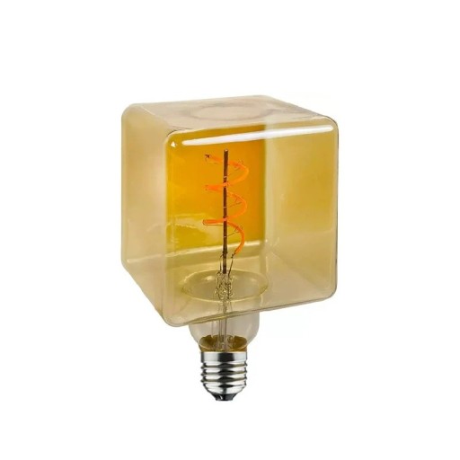 Hranatá LED žárovka ve tvaru krychle Spirálové vlákno a stmívání 4 W 220 V 8 x 12 cm Jantarové sklo a stříbrný hliník 2700 K Do předsíně