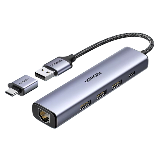 Hub USB extensibil cu RJ45 LAN 1000Mbps și 3× porturi USB 3.0 corp din aluminiu adaptor USB-A și USB-C pentru laptop PC