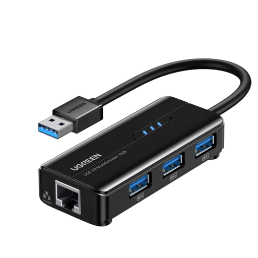 Hub USB multifuncțional cu RJ45 LAN 1000Mbps și 3× porturi USB 3.0 adaptor ABS negru pentru conectarea periferiilor și internetului