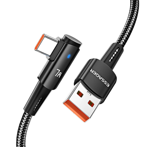 Hurtigopladerkabel USB A til USB C 2m 100W 7A Albuestik 90 grader QC4.0 PD LED-lys Dataoverførsel 480Mbps Opladningskabel
