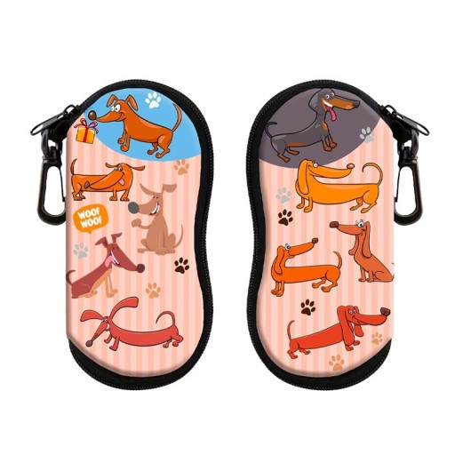Husă de ochelari 17,9 x 8,5 cm cu motiv de câini, teckeli Model de desene animate cu urme de pași și fundal cu dungi Fermoar cu carabină