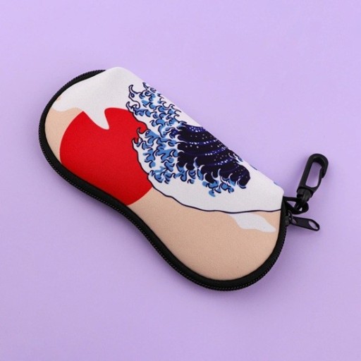 Husă de ochelari 17,9 x 8,5 cm Cu motiv val de mare și soare roșu Stil japonez Fermoar Carabină Husă de protecție pentru ochelari