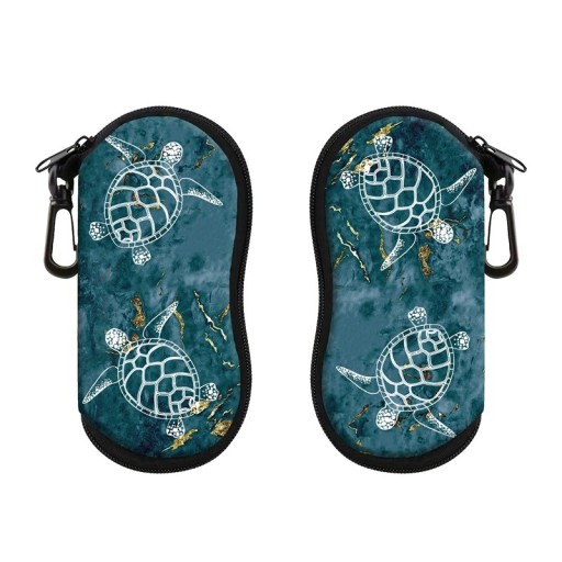 Husă pentru ochelari 17,9 x 8,5 cm cu motiv de broască țestoasă de mare Fundal turcoaz Închidere cu fermoar Carabină pentru agățare