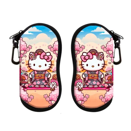 Husă pentru ochelari 17,9 x 8,5 cm Husă cu fermoar cu motiv de pisică în kimono printre flori de Sakura Husă de protecție cu carabină pentru agățare