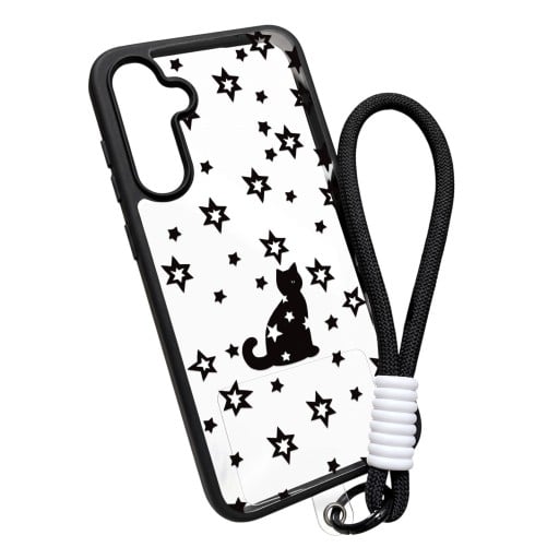Husa transparentă cu mânere pentru încheietura mâinii Samsung Galaxy A15 Rezistent Motiv pisică neagră și stele Margini negre Protecție cameră Husa