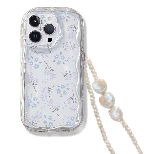 Husă transparentă pentru Samsung Galaxy A26 5G cu flori albastre mici și trandafiri, lănțișor din perle cu inimioare, margini ondulate, margine ridicată în jurul camerei foto