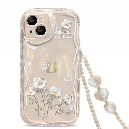 Husa transparentă pentru Samsung Galaxy A26 5G cu imprimeu floral și fluturi Lănțișor din perle cu inimioare Margini ondulate Margine ridicată la cameră