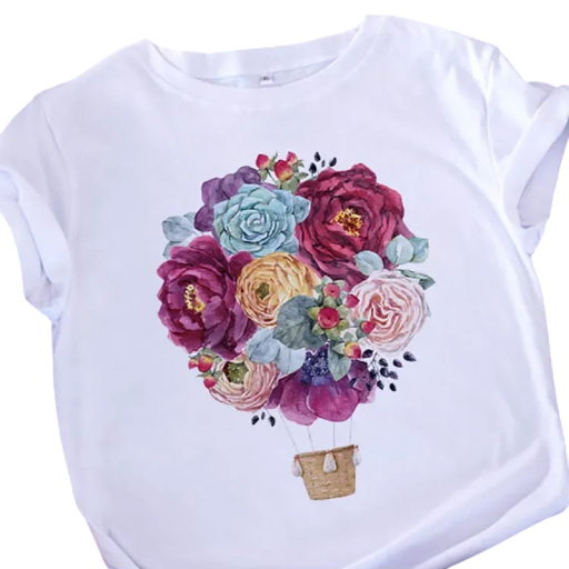 Hvid dame-T-shirt med blomstermotiv af balloner Romantisk sommertop med farverige blomster Kortærmet Afslappet stil Behagelig pasform