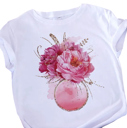 Hvid dame-T-shirt med blomsterprint i en vase Stilfuld T-shirt med lyserøde blomster Kortærmet sommertop Let materiale Elegant look
