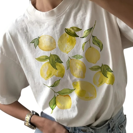 Hvid dame-t-shirt med citronprint Kortærmet Rund halsudskæring Sommertop med frugtmotiv Afslappet stil til hverdagsbrug