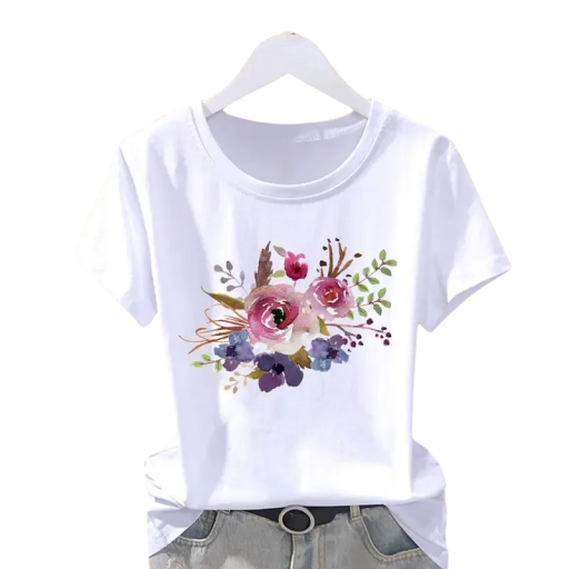 Hvid dame-T-shirt med korte ærmer, bomulds-T-shirt med blomsterprint, akvarelblomstermotiv, afslappet top med rund hals