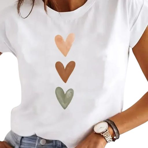 Hvid dame-T-shirt med korte ærmer Bomulds-T-shirt med tre hjerter-print Stilfuld sommertop med rund halsudskæring Afslappet T-shirt til byen