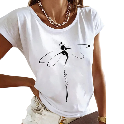 Hvid dame-T-shirt med korte ærmer, guldsmedetryk, kalligrafisk motiv, kunstnerisk design, elegant stil, sommer, fritidsmode