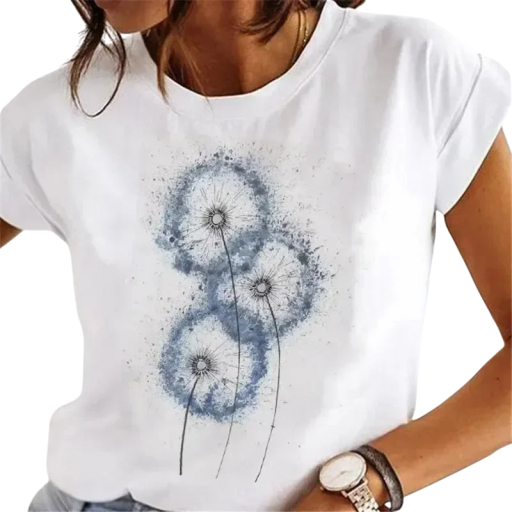 Hvid dame-T-shirt med korte ærmer, tre blå mælkebøtter i print, kunstnerisk blomstermotiv, afslappet og behagelig stil, sommer-T-shirt i bomuld