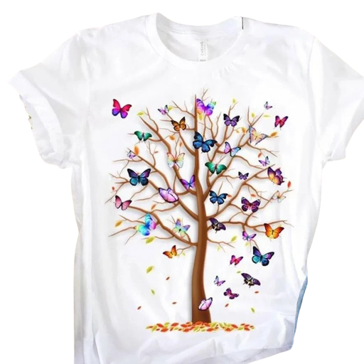 Hvid dame-T-shirt med print af et træ og farverige sommerfugle. Kortærmet T-shirt med rund halsudskæring. Naturmotiv til fritiden.