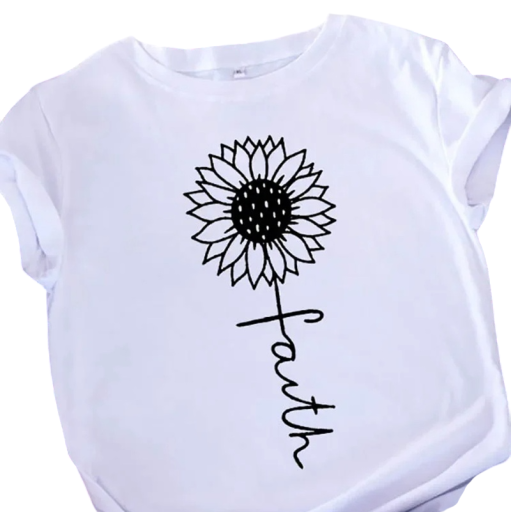 Hvid dame-t-shirt med solsikkeprint og indskriften &quot;Faith&quot;. Kristen t-shirt med blomstermotiv. Tro. Stilfuld top. Kortærmet. Bomuld.