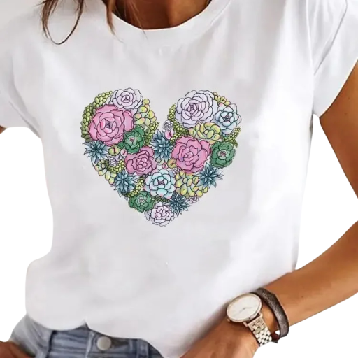 Hvid kortærmet dame-T-shirt Bomulds-T-shirt med hjerteformet blomsterprint Afslappet top med rund halsudskæring til byen og derhjemme