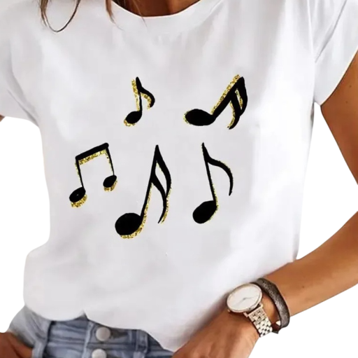 Hvid kortærmet T-shirt til kvinder Bomulds-T-shirt med print af noder Stilfuld top med rund halsudskæring til musikelskere