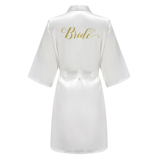 Hvid kvindelig morgenkåbe i kunstsilke Bryllupsmorgenkåbe med bånd og teksten BRIDE Elegant let morgenkåbe til bruden