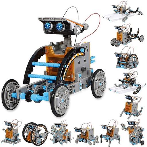 Hvidt robotbyggesæt med solpanel. Pædagogisk bevægelig robotlegetøj til børn. Hvid soldrevet robot. 12 robotkompositionsmuligheder. 18 x 24 x 7 cm.