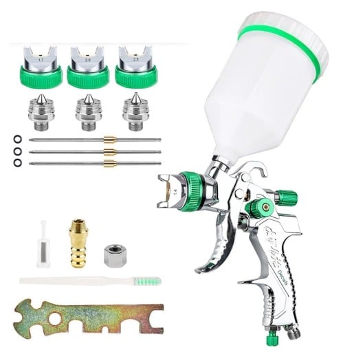 HVLP Spritzpistole zum Lackieren 600 cc 15,6x19,7 cm Aluminium Silbergrün mit Düsen 1,4 1,7 2,0 2,5 mm