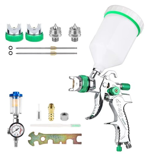 HVLP Spritzpistole zum Lackieren 600 cc Aluminium Silber Grün mit Düsen 1,4 1,7 2,0 mm Regulator Set
