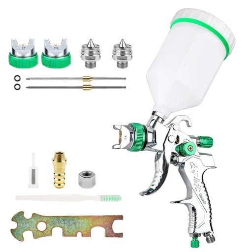HVLP stříkací pistole na lakování 600 cc hliníková stříbrno zelená s tryskami 1,4 1,7 2,0 mm a příslušenstvím sada