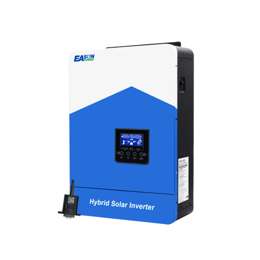 Hybrid solcelleinverter 4,2 kW 24 V opladning 120 A og PV-anlæg 6200 W samt 500 V DC med WiFi-modul hvid-blå til solenergi og sommerhus