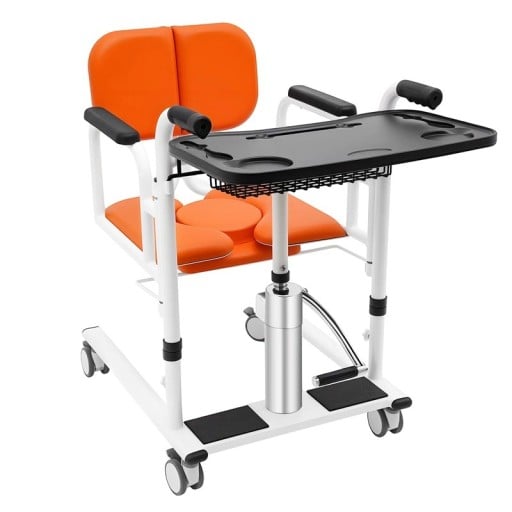 Hydraulické zvedací a přepravní křeslo pro seniory s děleným sedadlem 180° nosnost 150 kg zdvih 41–65 cm kolečka s brzdou pro pacienty