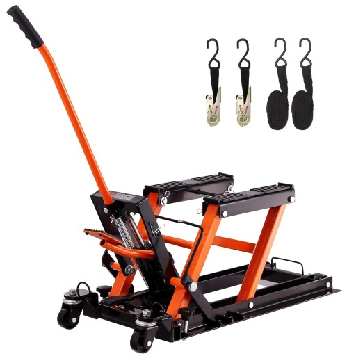 Hydraulikus emelőmotoros és quad emelő acél szerkezet narancssárga-fekete kerekekkel szervizeléshez és karbantartáshoz