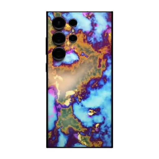 Hydrogel beschermfolie voor de achterkant van de Samsung Galaxy S23 met een kleurrijk marmerpatroon in blauw, paars en oranje