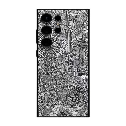 Hydrogel beschermfolie voor de Samsung Galaxy S23 Ultra voor de achterkant van de telefoon met zwart-wit stripverhaalmotief van een fantasie stad