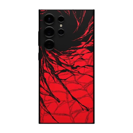 Hydrogel beschermfolie voor de Samsung Galaxy S23 voor de achterkant van de telefoon met een donkerrood-zwart motief van doornen takken en stekels