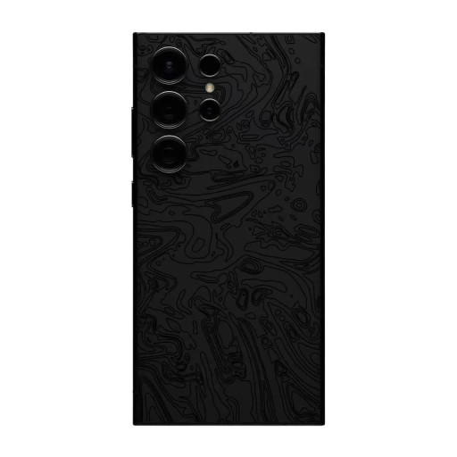 Hydrogel beschermfolie voor de Samsung Galaxy S24 voor de achterkant van de telefoon met zwart patroon van golvende lijnen op een zwarte achtergrond