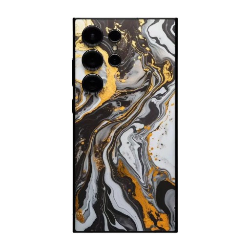 Hydrogel beschermfolie voor Samsung Galaxy S23 Plus voor de achterkant van de telefoon met zwart-wit marmerpatroon en gouden details