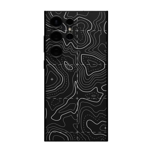 Hydrogel beschermfolie voor Samsung Galaxy S24 Plus voor de achterkant van de telefoon met zwart ontwerp van een topografische kaart met witte contourlijnen