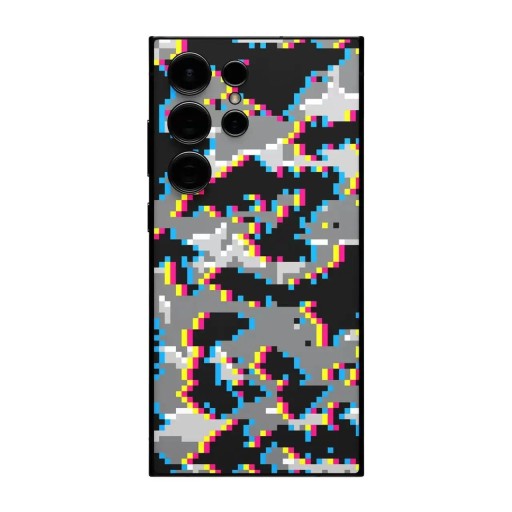 Hydrogel skyddande folie för Samsung Galaxy S24 Plus på baksidan av telefonen med pixelmönster i blått, gult och rosa