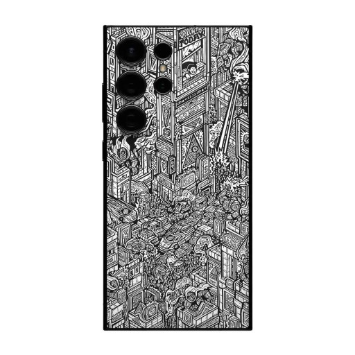 Hydrogelbeschermfolie voor Samsung Galaxy S25 Plus voor de achterkant van de telefoon met zwart-wit geïllustreerd motief van een futuristische stad