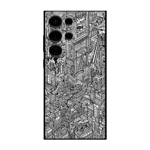 Hydrogelbeskyttelsesfilm til Samsung Galaxy S24 til bagsiden af telefonen med sort-hvid illustreret motiv af en futuristisk by