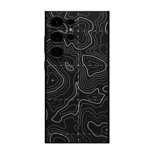Hydrogelbeskyttelsesfilm til Samsung Galaxy S24 til bagsiden af telefonen med sort motiv af topografisk kort med hvide højdekurver