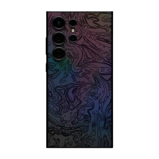 Hydrogelová ochranná fólia na Samsung Galaxy S25 na zadnú stranu telefónu s holografickým dúhovým motívom a čiernymi vlnitými líniami